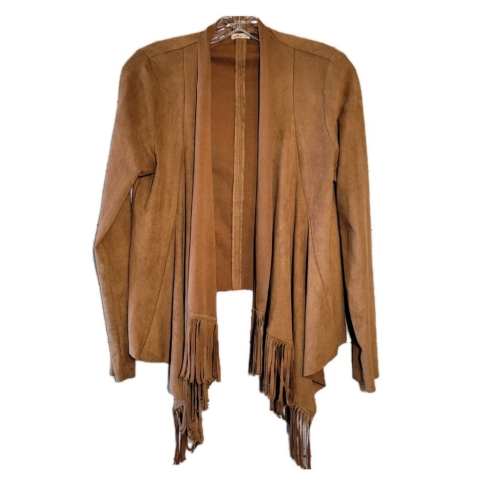 Hollister Women's Faux Suede Fringe Blazer Jacket Open Front Camel Size S Drapey